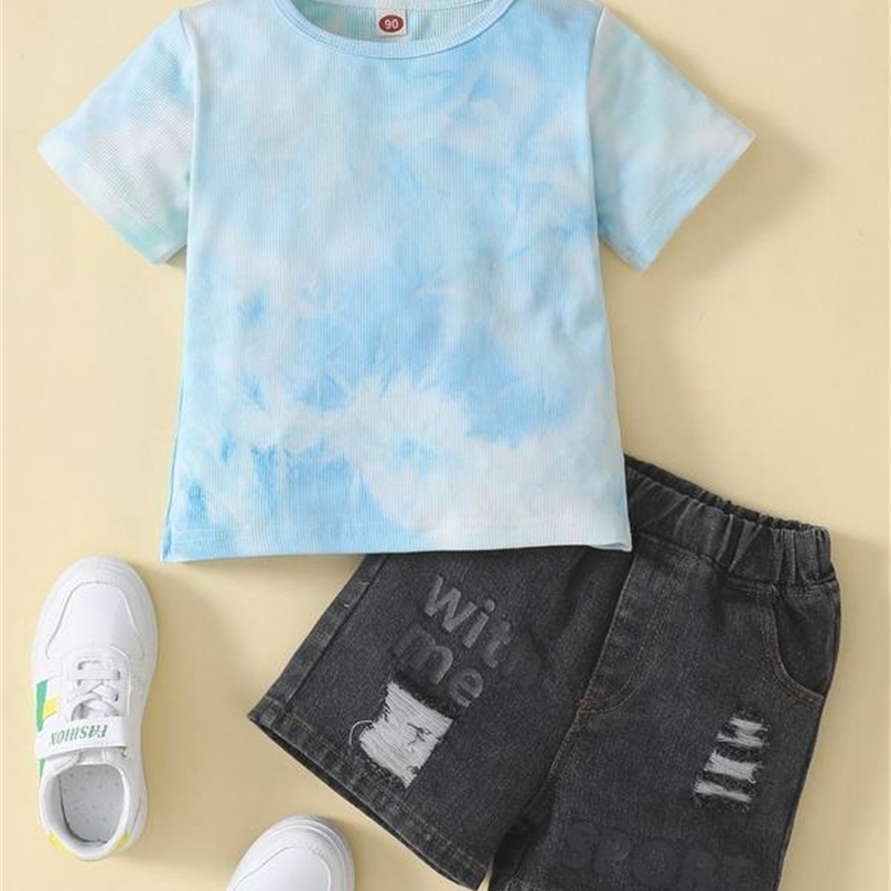 Toddler Girls Tie Dye Tee & Ripped Frayed Denim Shorts SHE