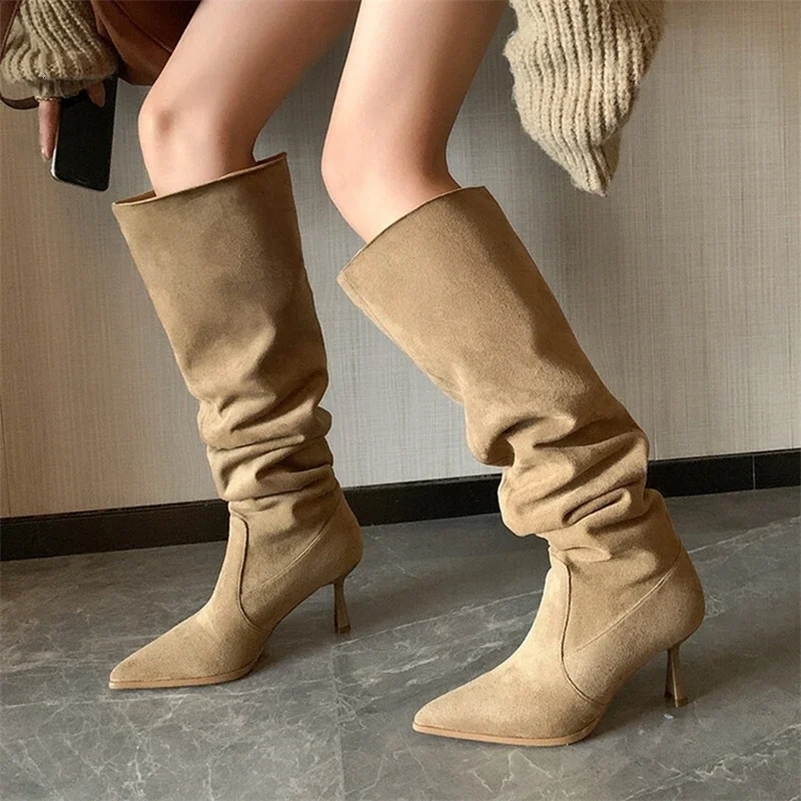Pleated Faux Suede Knee-High Boots Women Pointed Toe Slip-On Western Cowboy Boots Woman Autumn Thin Heels Long Botas Mujer 250821