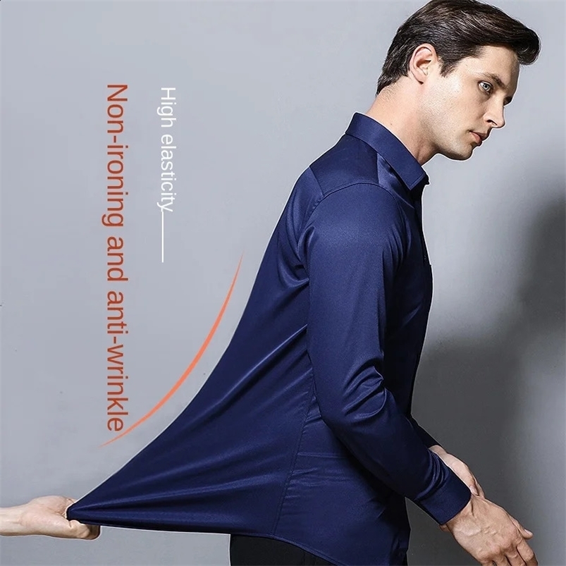 Mens long sleeved elastic shirt non ironing business dress professional work attire stand up collar shirt 240816