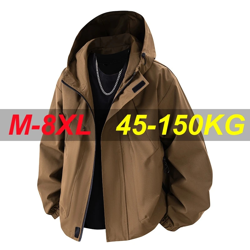 2025 Spring Mens Casual Jacket Korean Fashion Outdoor Waterproof Hooded Winbreaker Loose Coat Plus Size 5XL 6XL 7XL 8XL250920