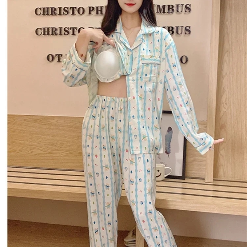 5XL Plus Size Cloud Cotton Pajamas Set Women Autumn Sleepwear Long Sleeve Shirt with Chest Pad Trousers Two Piece Set Loungewear 240820