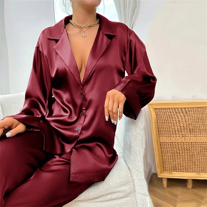 Womens Nighty Long Sleeve Buttons Lapel Neck Top With Pants 2 Piece Satin Loungewear Sexy Autumn Lounge Sets Casual Pajama Set 240913