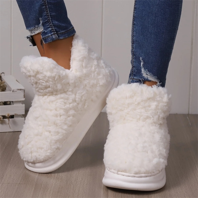 Womens warm fur slippers couple winter platform shoes soft plush thick soled girls and boys indoor street snow boots fluffy shoelaces 240926bj