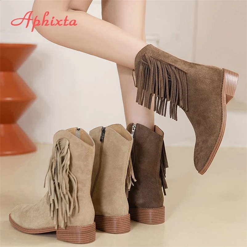 Aphixta Brown Tassel Warm Modern Boots Suede Plush Lined Ankle Boots Womens Winter Snow Boots Zipper Shoes Bottas Mujer Bottines 240926bj