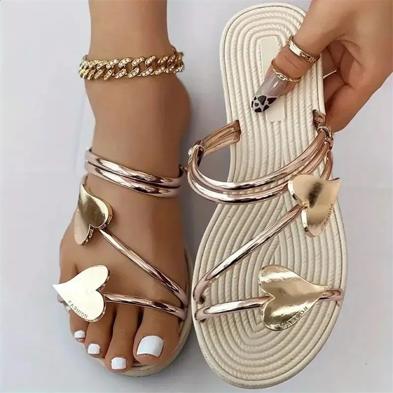 Elegant Womens Heart Flat Sandals Open Toe Woman Slippers Non Slip Shoes Outdoor Beach Slides Women Sandals Summer 2024 Size 43 250418bj