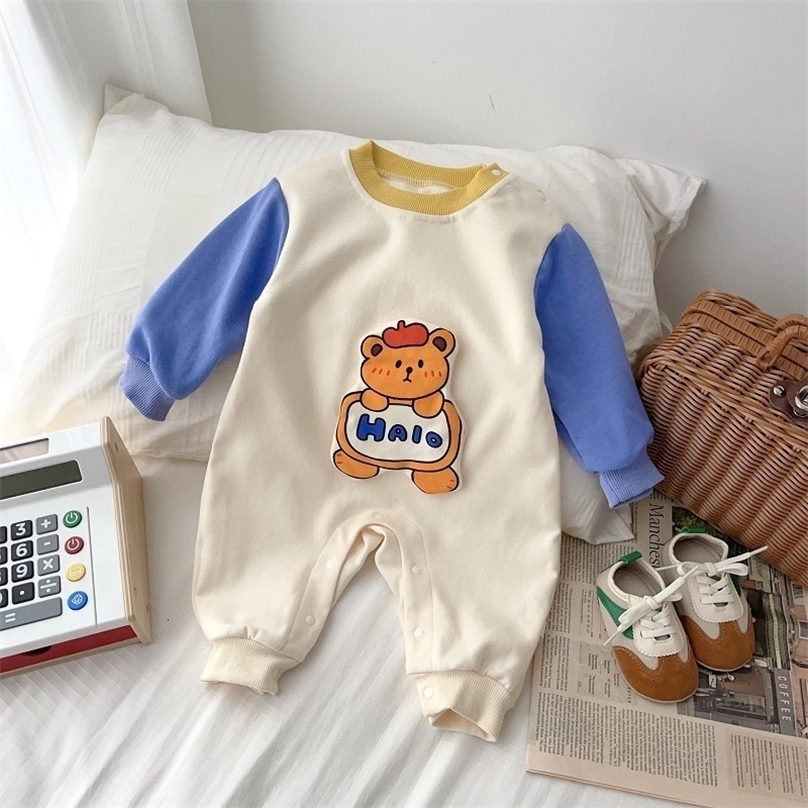 Rompers Cute born Baby 3D Cartoon Romper 0 2Years Infant Boy Girl Long Sleeve O Neck Patchwork Bear Jumpsuit Playsuit Autumn Clothes 230814