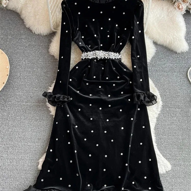 EWQ Sweet Style Womens Dress Flare Long Sleeve Diamond Bracket Velvet High Waist A-line Dress Autumn/Winter Style 27SN4592 241206bj