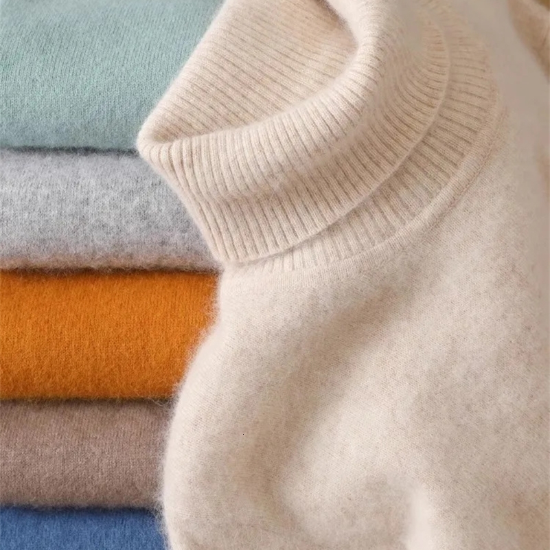 Mens 100% pure Mink velvet Cashmere Sweater High Lapels Pullovers Knitted Winter Tops Long Sleeve High-End Jumpers 240807