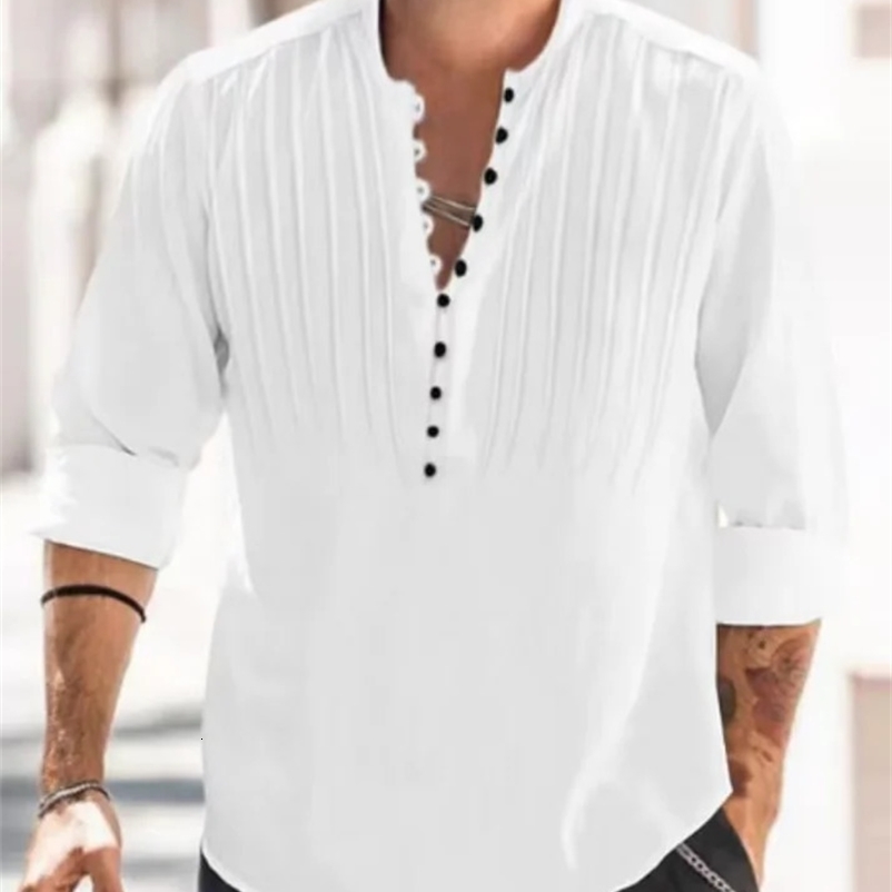Mens Bandage Round Collar High Quality Shirt Mens Solid Color Cotton Folding Casual Slim Long-Sleeved Shirt 240827