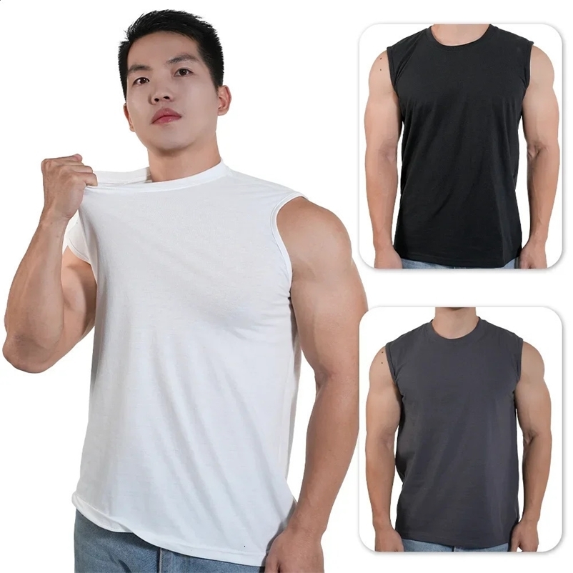 1PC Mens Athletic Tank Top 100% Cotton White O Neck Sleeveless Tee Breathable Casual Sports Undershirt Summer GYM Wear 50-95kg 250303