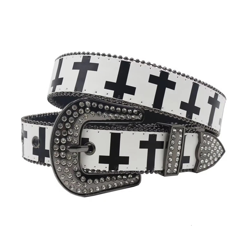 black and white cross rhinestone printed belt Y2K personalized gothic trend PU leather belt 250228