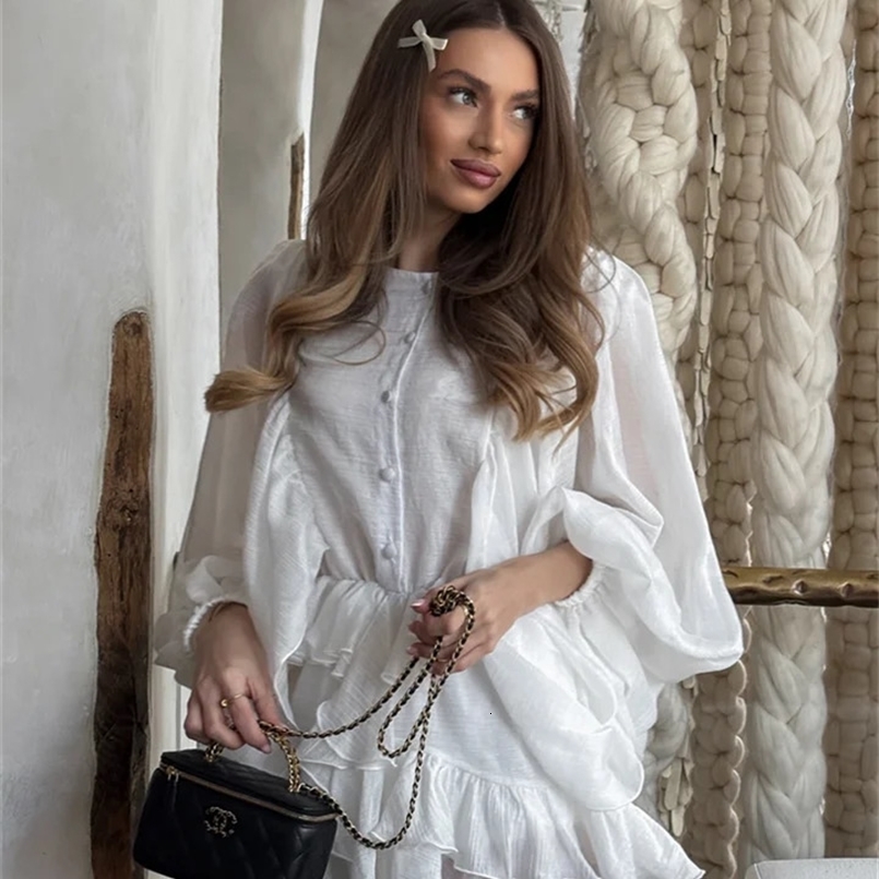 Bubble Sleeves Ruffle Edge Short Dress Woman Pleated Solid Color Loose Round Neck Dresses Elegant Commute Womens Mini Dress 250514