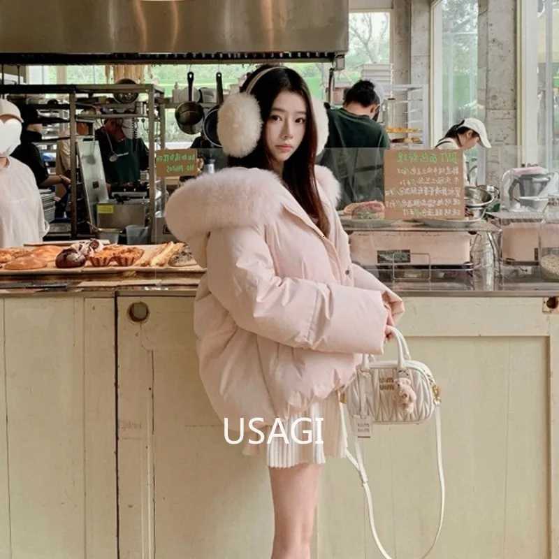 Womens Lovely Pink White Duck Down Coat Lady Fur Collar Hooded Thick Warm Down Jacket Single Breasted Down Padded Outwear Z250923