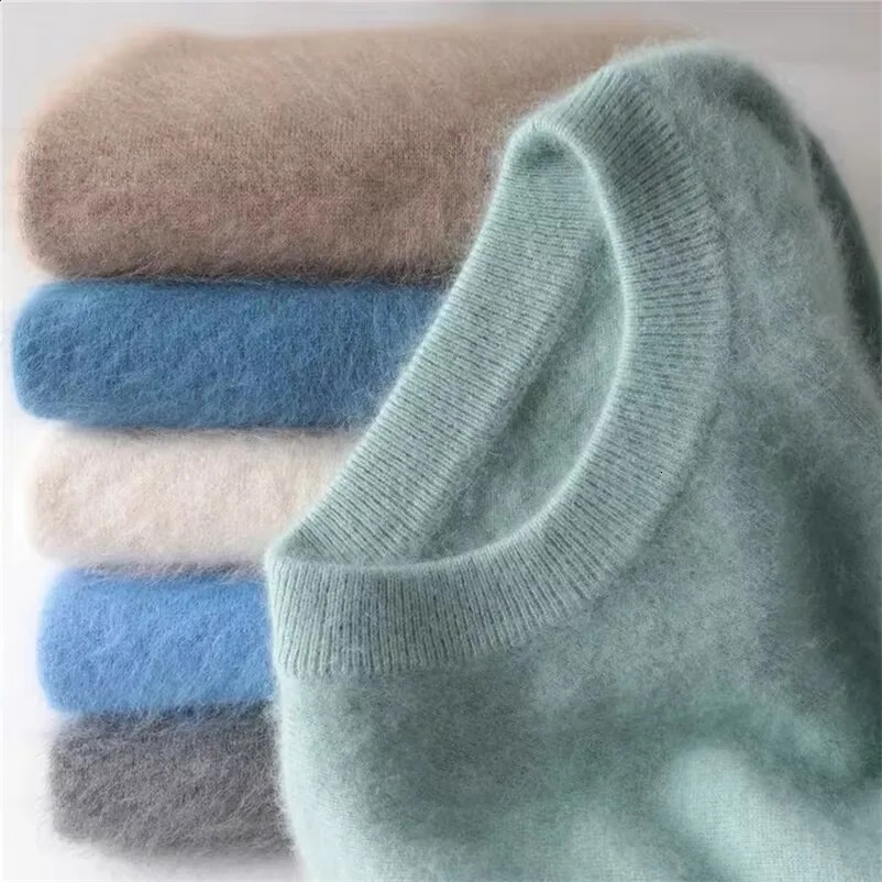 Autumn and winter mens 100% mink cashmere sweater O-neck pullover knitted plus size sweater high-end fashion coat 20 colors 240826