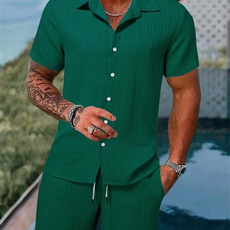 Spring And Summer Sports Mens Polo Casual Solid Color Loose Short-sleeved Drawstring Shorts Cardigan Striped Sports Suit 250327