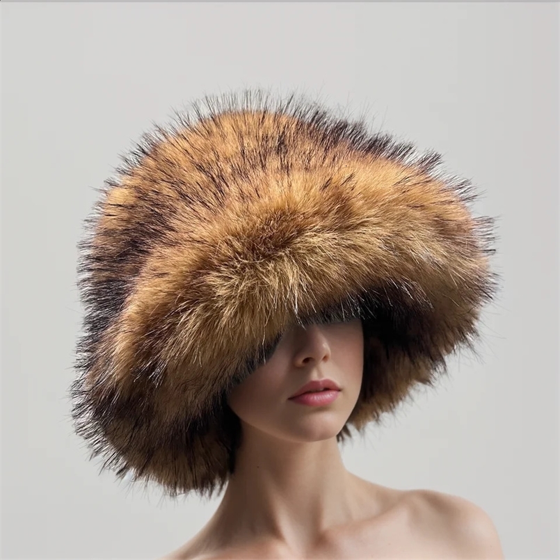 keep warm in autumn winter casual natureWomen raccoon fur simulation fox fur Bucket hat thickened female round cap 241203
