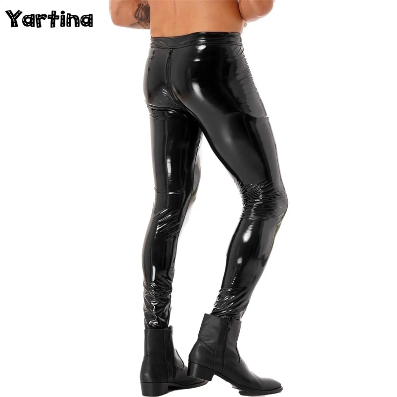 Mens Two-way Zipper Crotch Trousers Clubwear Patent Leather Moto Biker Skinny Pants Leggings Motorcycling Party Tights Pants 240816