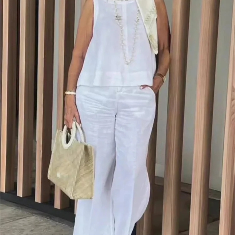 Simple Cotton Linen Womens Suits Summer Fashion Sleeveless Loose Blouse Wide Leg Pants Two Piece Set For Women Casual Outfits 250519