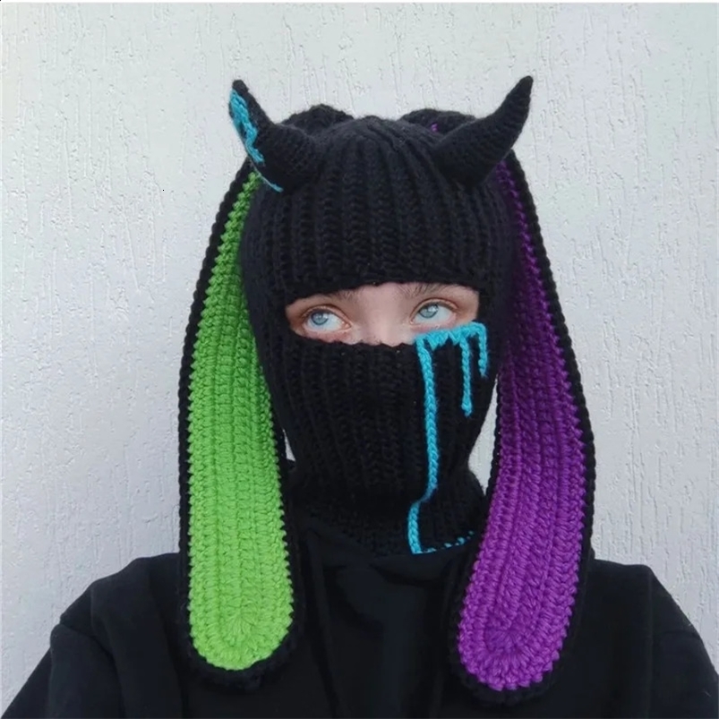 Big Rabbit Ears Knitted Hat Cute Balaclava Thick Warm Fleece Hats Windproof Mask Headgear Halloween Beanie Cap party Cosplay 241211
