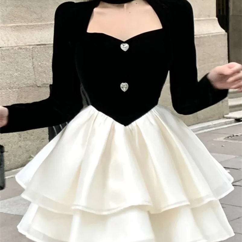 Y2K Mini Princess Dress Womens Velvet Patchwork Laminated Ruffle A-line Autumn Spring Elegant Retro Party Evening Dress Vestidos Mujer 241206bj