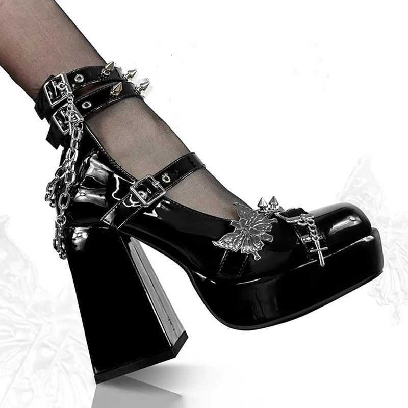 Punk Gothic High Heels Pumps Women 2025 Patent Leather Black Lolita Shoes Woman Y2K Ankle Straps Thick Heeled Mary Jane Shoes Z250923