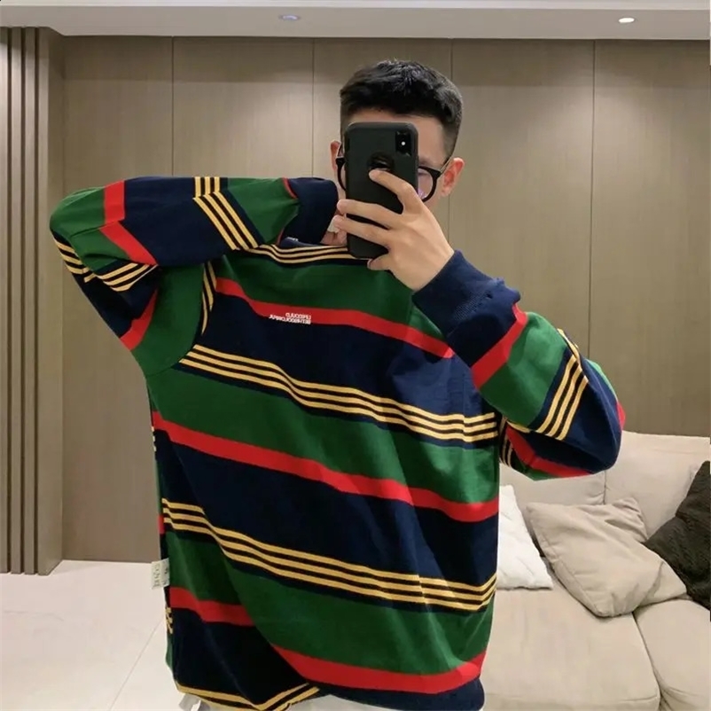 Spring and Autumn Fashion Trend Simple Round Neck Stripe Panel Contrast Loose Relaxed Korean Versatile Mens Sweater 240823