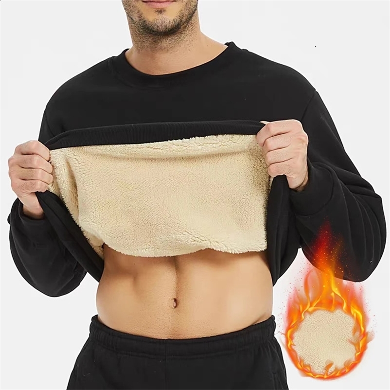 Thicken Men Winter Fleece liner Pullover Black Autumn Casual O-neck Long Sleeve T-shirt Man Loose Warm Thermal Underwear 240826
