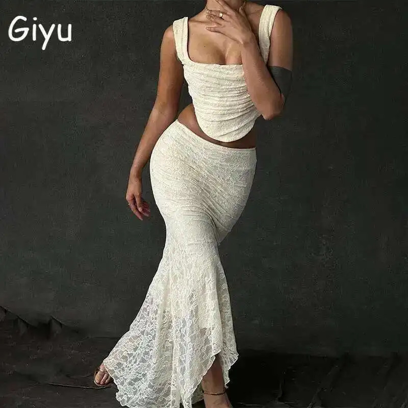 Giyu Sexy Lace Crochet Two Piece Set Women 2025 Summer Autumn Slim Up Vest Bodycon Skirt Dress Sets Elegant 2 250922