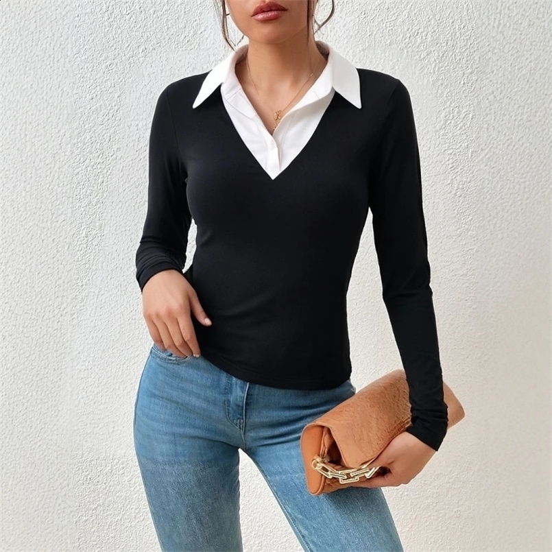 Mia Muse Womens T-shirts Autumn Korean Solid Contrast Color Long Sleeve Polo Collar Regular Casual T-shirts 250318