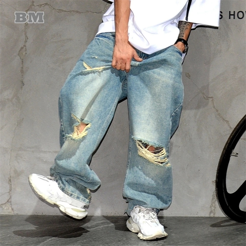 High Quality Streetwear Light Blue Ripped Jeans MenS Trousers Korean Fashion Hip Hop Baggy Jeans Kpop Skateboard Denim Pants 240828