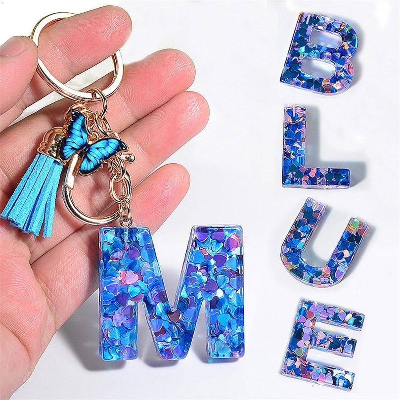 Keychains Lanyards Fashion Acrylic Letter Keychain With Blue Butterfly Pendant Heart Sequin Filled 26 Initials Key Rings For Women Purse Bag Decor 2