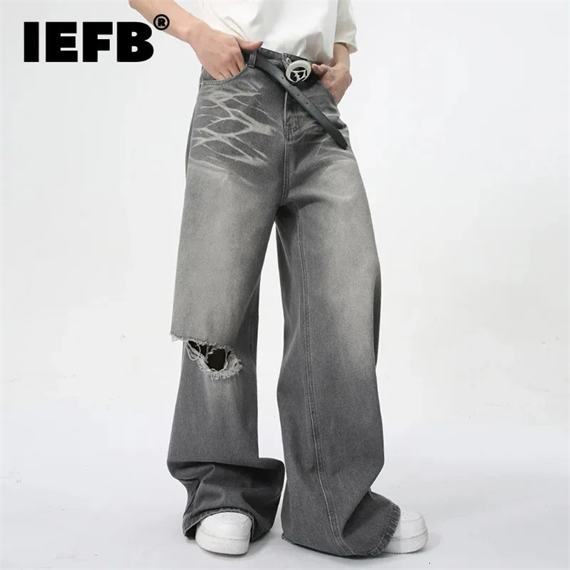 IEFB summer mens jeans straight wide leg denim pants casual loose contrasting color mens bottom clothing 9C5977 250109