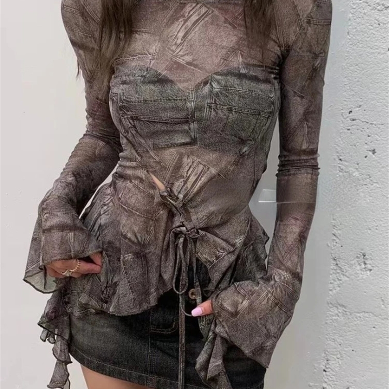 Sexy Y2k retro printed shirt ultra-thin streetwear bandage Harajuku shirt womens fashionable hollow pleated trendy top 241206bj