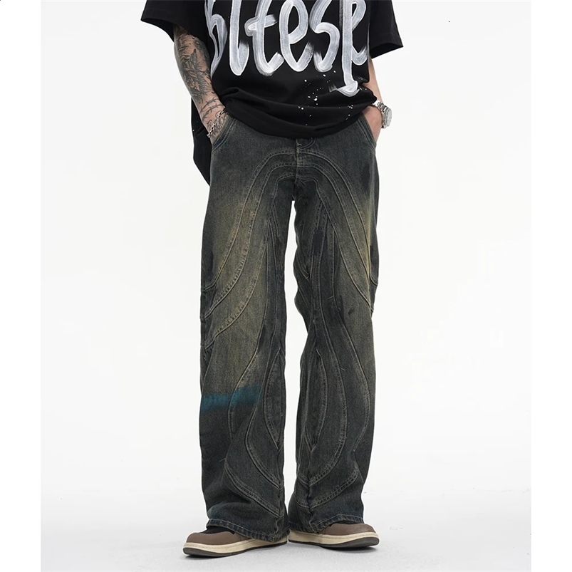 Vintage Y2K Painted Circle Striped Straight Flare Pants Mens Harajuku Streetwear Casual Baggy Jeans Oversized Denim Trousers 240819