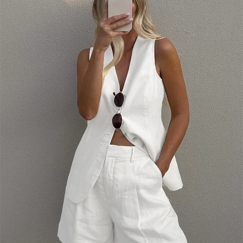 Wolfeel cotton linen chic casual vest shorts set womens fashionable commuting sleeveless vest loose top summer item 250327