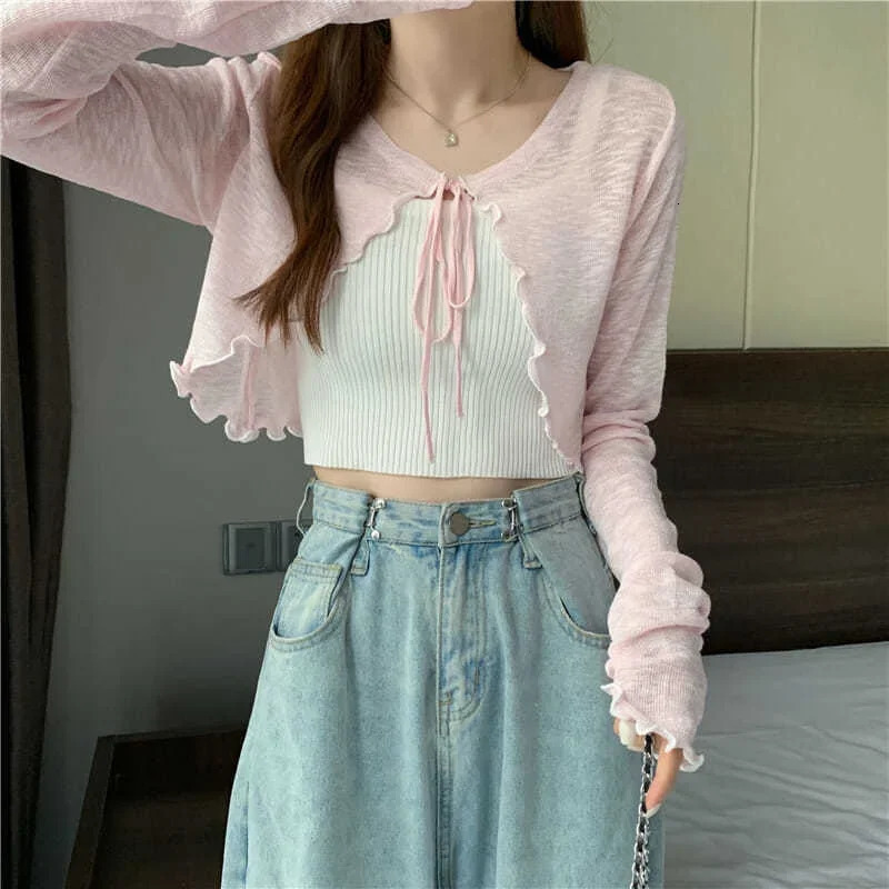 Estate sottile capocariera sottile protezione solare cardigan seta ghiacciata da donna in maglieria tops in fila per la gonna corta camicia aibile c
