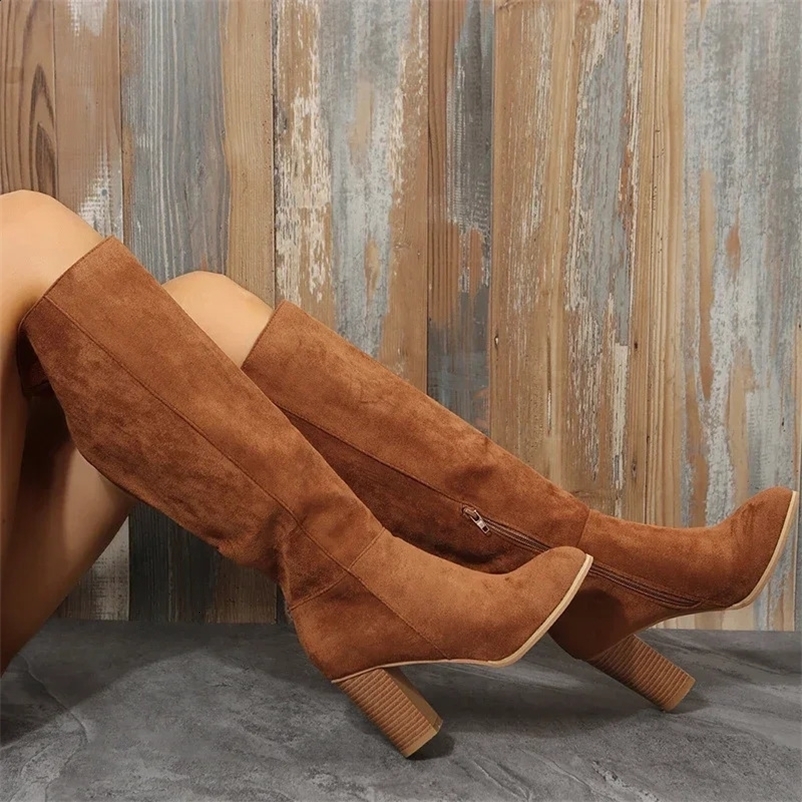 Womens denim boots Western short and chubby shoes leather knees long and elegant er plus size rock pole dance brown 240926bj