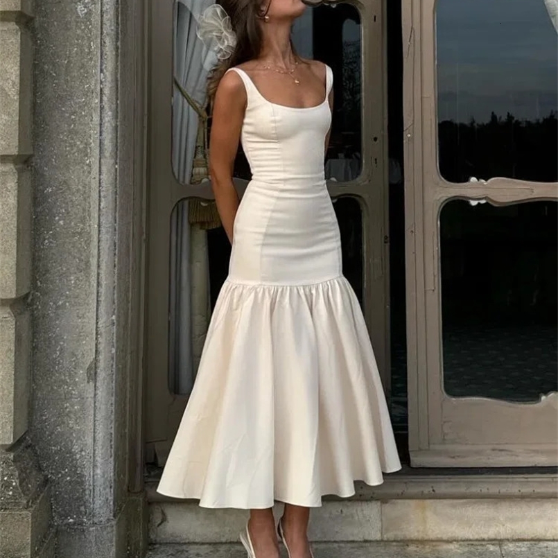 Summer Women Ruffles Suspenders Dress Slim Solid Square Collar Sleeveless Vestidos Spring Fashion Female Party Robes 250113