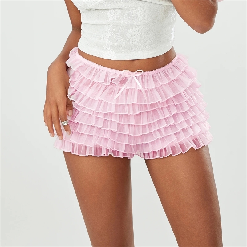 Womens Summer Ruffled Frilly Shorts Solid Color Multi-Layer Mesh Short Pants Sweet Cute Bloomers250222bj