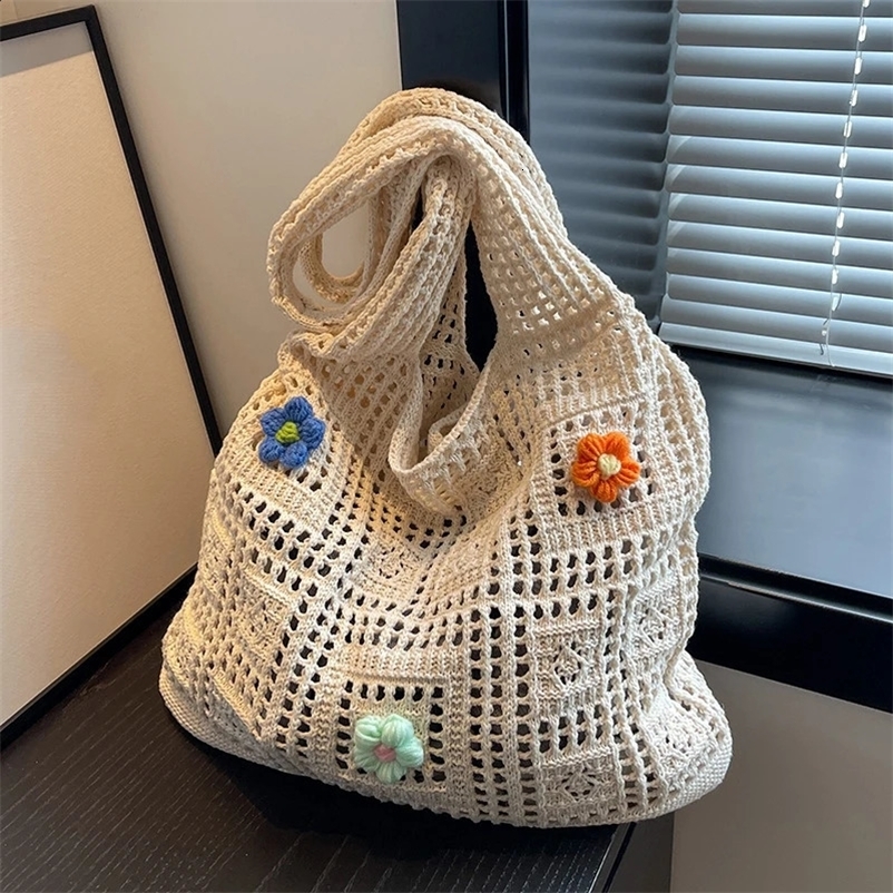 er Flower Knitted Handbags Female Large Capacity Womens Pack Summer Beach Bag Purses Hollow Woven Shoulder Bags 250327bj