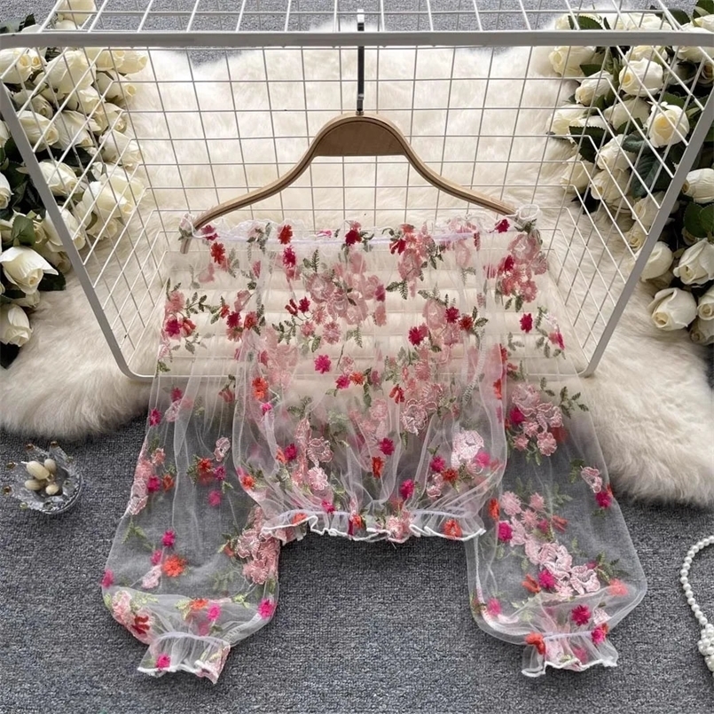 One Shoulder Mesh Embroidered Womens Shirt Summer Loose Fit Bubble Sleeves Short Cover Shirt Long Sleeved Lace Shirt 250310