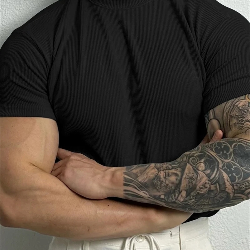 spring summer fashion Mens T-shirt Small high collar stripe shirt short sleeve fitness top leisure sport T-shirt Men sportswear 250527
