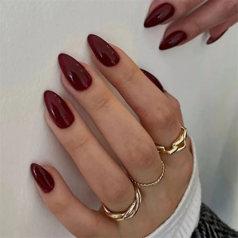 24pcs Burgundy Almond Press on Nail Water Drop Solid Color False Nails Cat Eye Various style Detachable and Wearable Nail Art 241223i