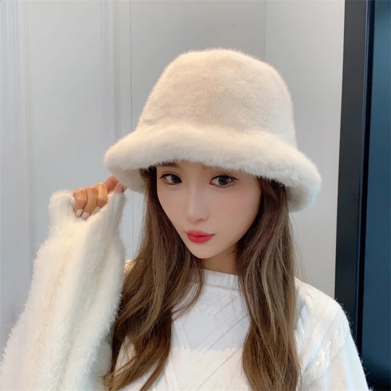 Chapeau de seau de fourrure de lapin pour femmes mode automne hiver chaude épaissie du pêcheur