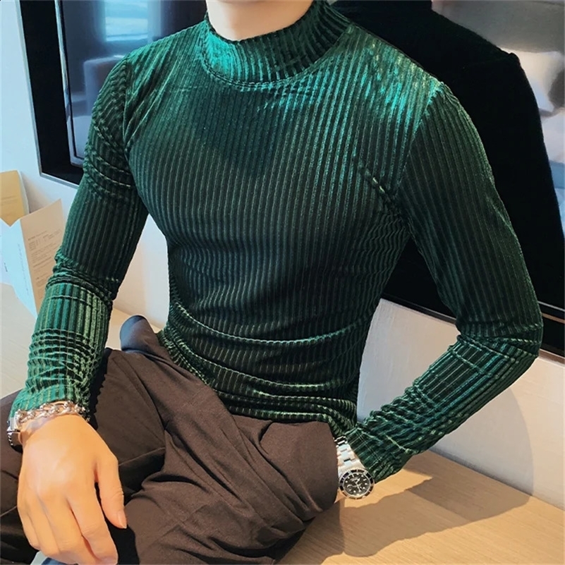 Autumn Winter Half Turtleneck Velour Under T Shirt Men Long Sleeve Casual Stripe Slim Fit Tops Tees Men Fashion Social T Shirt 240814