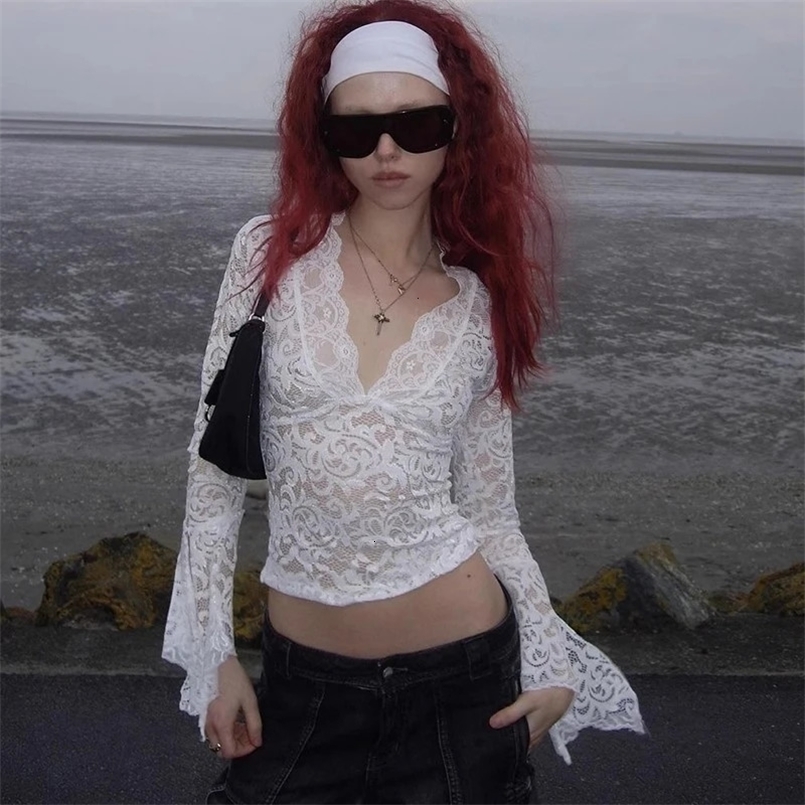 Long Sleeve Tees Women Casual Sexy See Through LaceT-shirts Punk Gothic Vintage Harajuku Streetwear Ladies Y2k Retro 2000s 250207