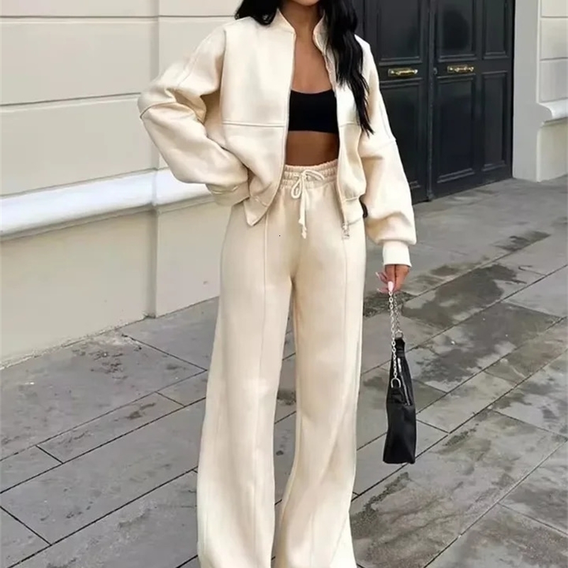 Womens 2-piece Tracksuit Suits Retro Zipper Bomber Jacket Sweatshirt High-waisted Womens Loose Velvet Pants Suit Sportswear 250121