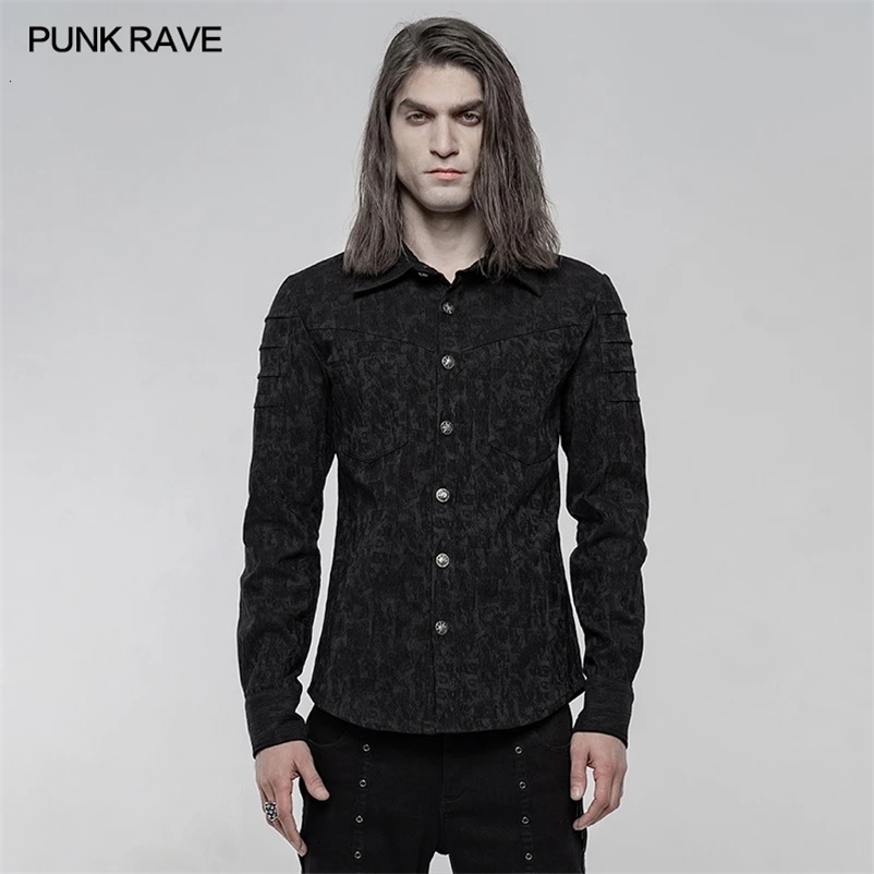PUNK RAVE Mens Gothic Classic Stretch Jacquard Blouses Punk Slim Simple Casual Long Sleeve Men Shirts 240615