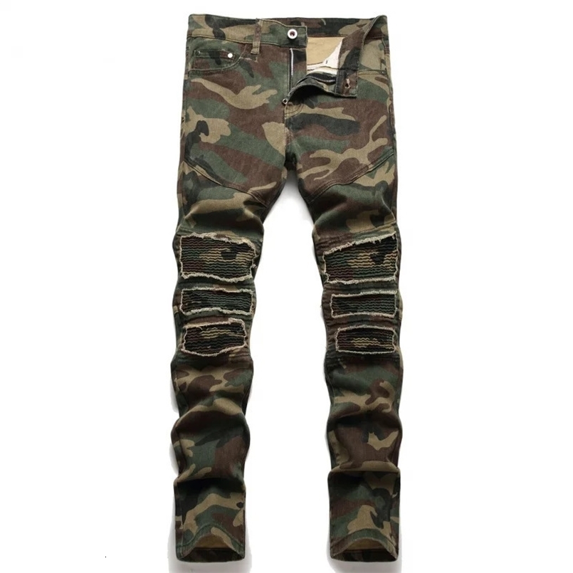 MenS Bike Jeans Fashionable Slim Fit Straight Leg Broken Hole Camo Patch Washed Casual Motorcycle Cotton Denim Pants 250214