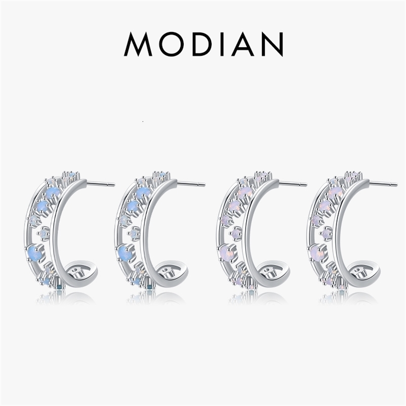 Stud MODIAN Genuine 925 Sterling Silver Fashion Hollow Out Earrings For Women Delicate Pink Blue Opals Ear Pins Fine Jewelry 230729bj
